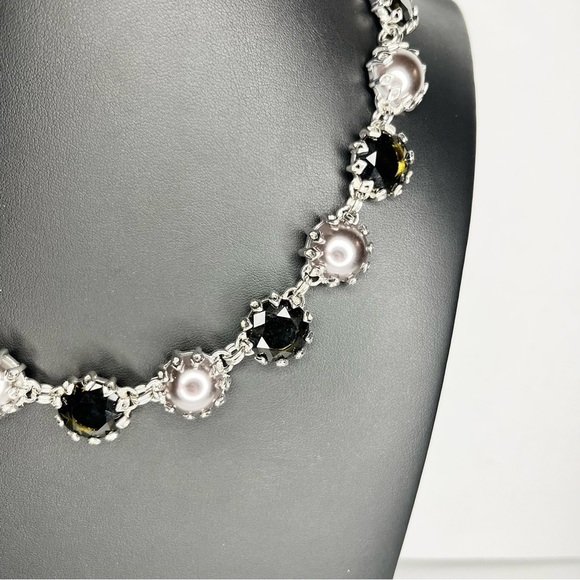 Statement Necklace Black Faceted Crystal and Silver Beaded Runway - Picture 2 of 6